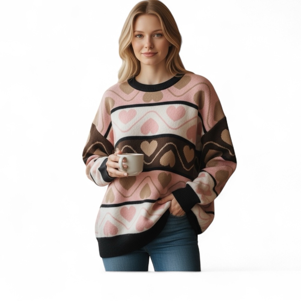 ADORA Heart Round Fill My Heart With Love Neck Sweater, Pinks & Browns, Medium